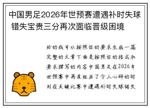 中国男足2026年世预赛遭遇补时失球 错失宝贵三分再次面临晋级困境