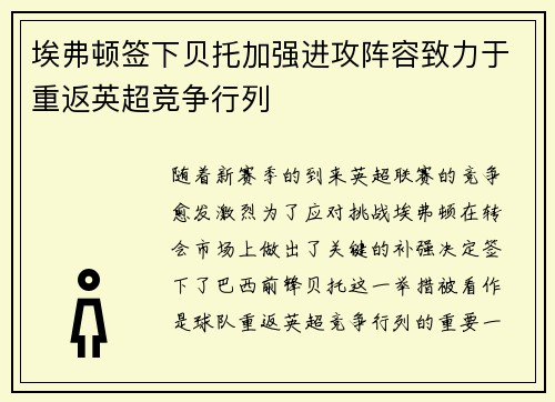 埃弗顿签下贝托加强进攻阵容致力于重返英超竞争行列 埃弗顿签下贝托加强进攻阵容致力于重返英超竞争行列